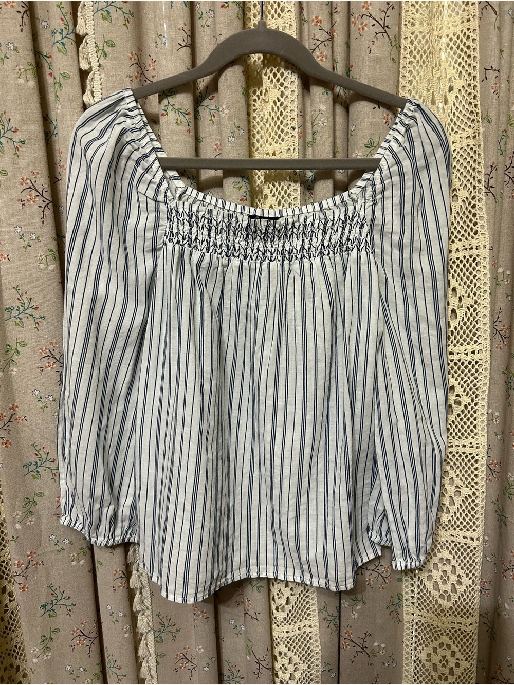 Banana Republic Blue White Stripe Smocked Peasant Blouse Small Cottagecore
